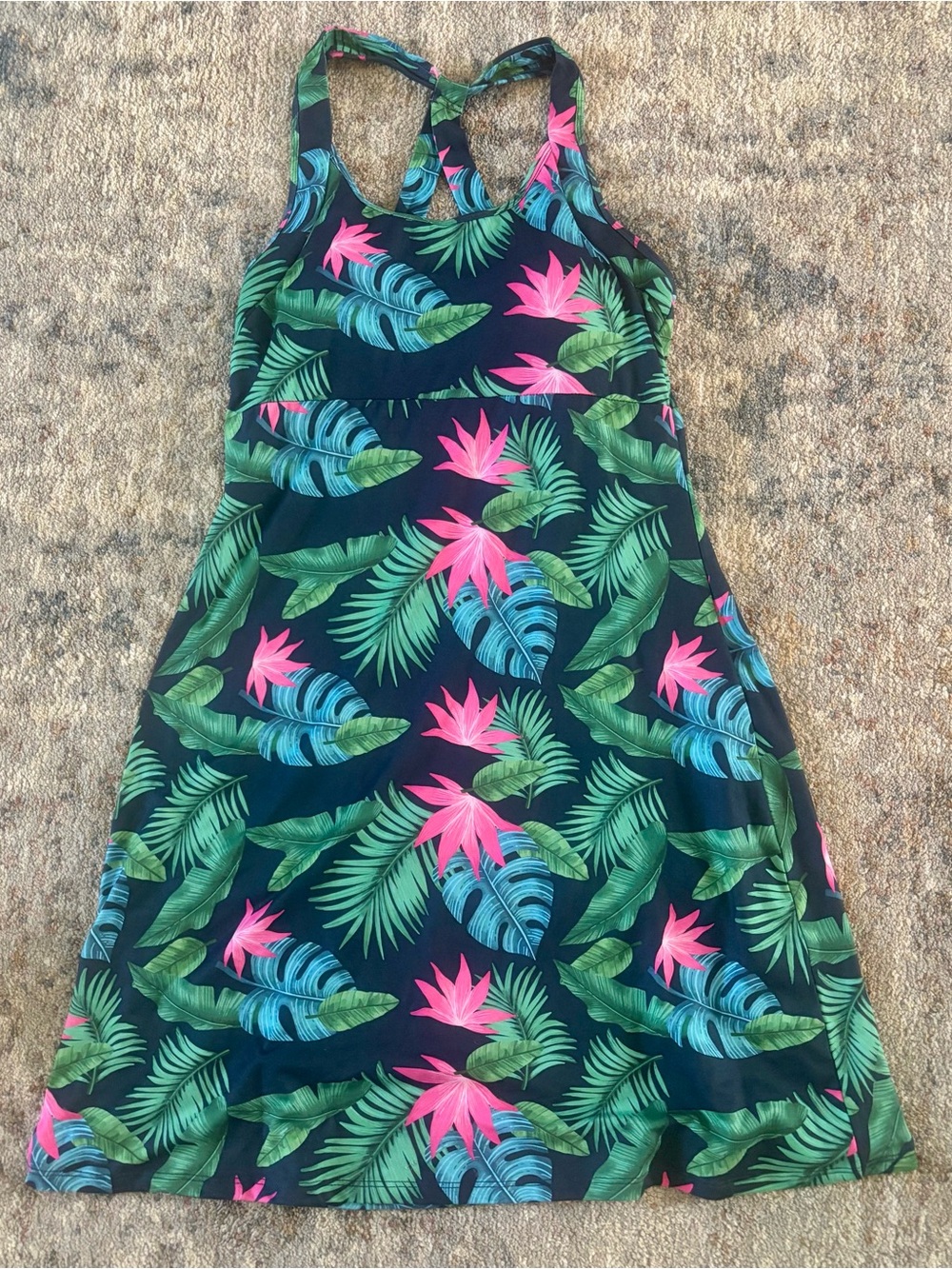 Kyodan Navy Racerback athletic Dress Pink & Green Tropical Print women medium